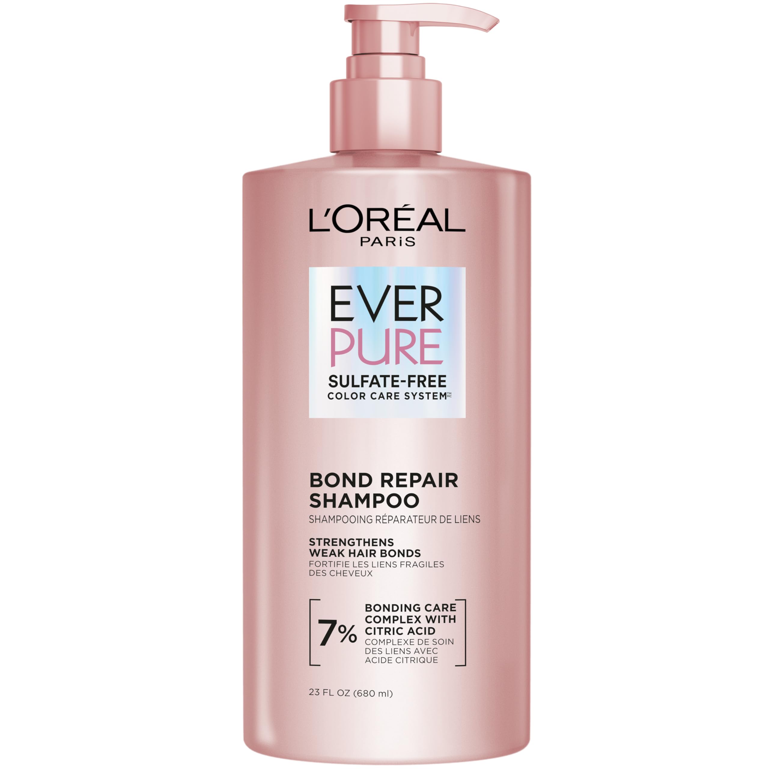 L'OREAL PARIS Bond Repair Sulfate Free Shampoo for Damaged Hair, Strengthening Hair Care with Citric Acid, Repairs Weak Hair Bonds, EverPure, 23 Fl Oz